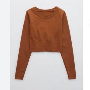 OFFLINE By Aerie Sidewalk Seamless Long Sleeve Cropped T-Shirt in Rust Brown